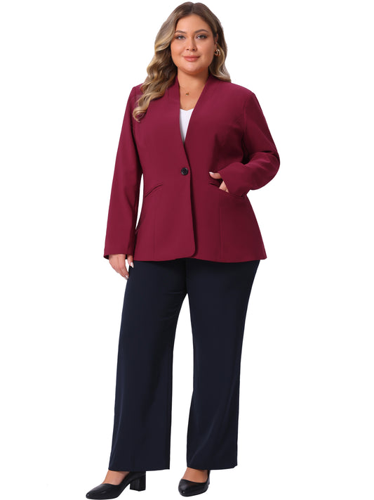 Chaqueta de trabajo informal de negocios para mujer, de talla grande, sin cuello, con abertura frontal, de manga larga y bolsillos
