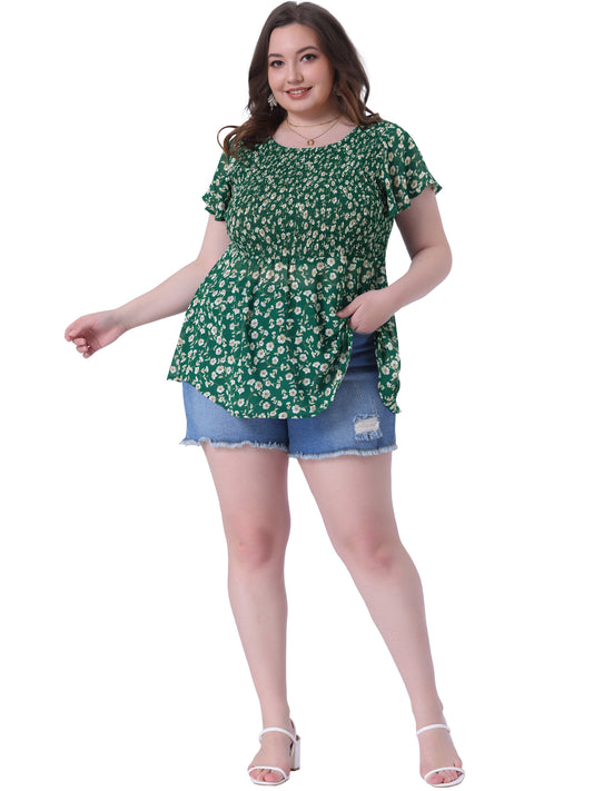 Women Plus Size Chiffon Blouse Summer Flare Short Sleeve Smocked Ditsy Floral Peplum Top
