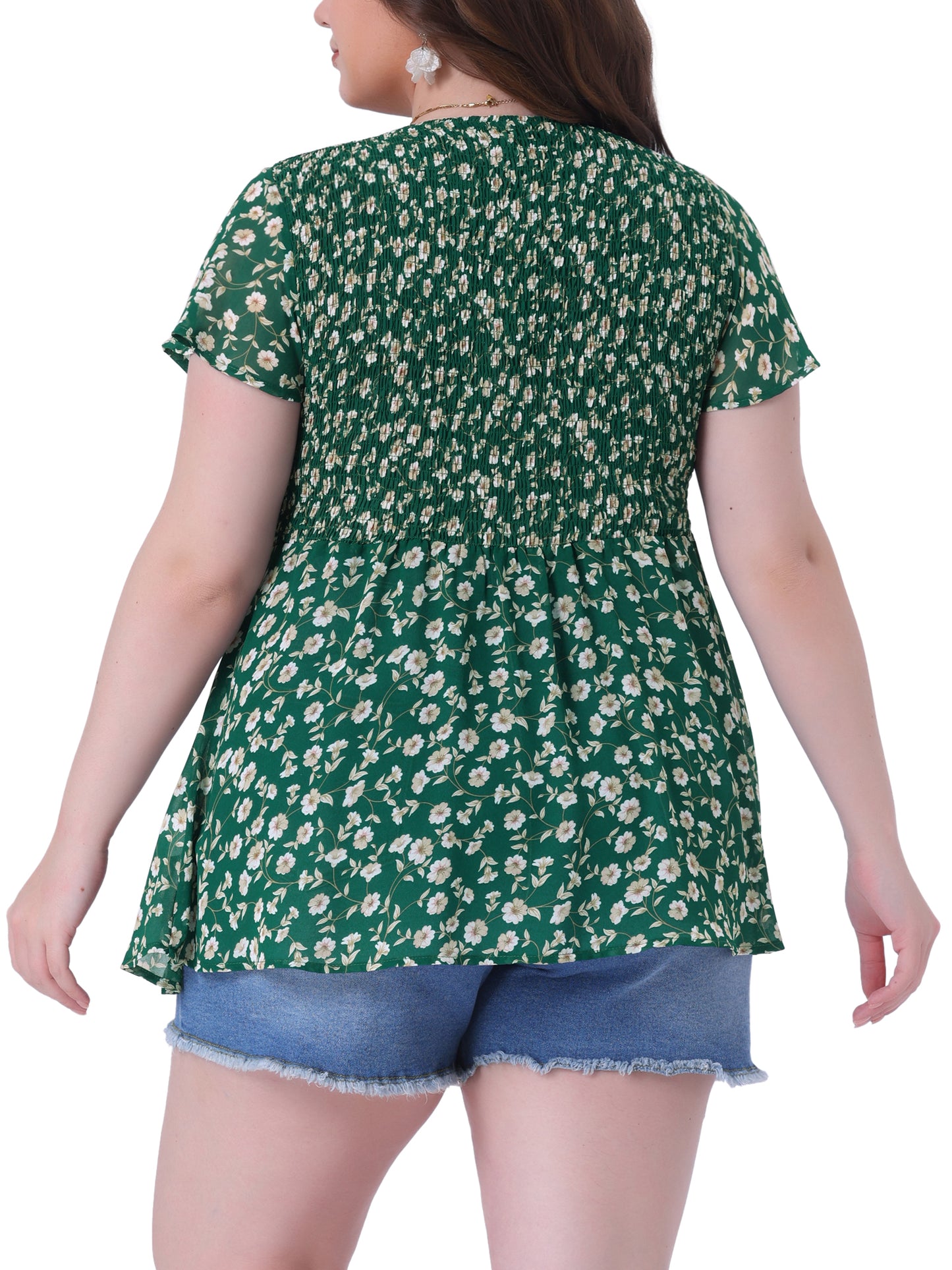 Women Plus Size Chiffon Blouse Summer Flare Short Sleeve Smocked Ditsy Floral Peplum Top