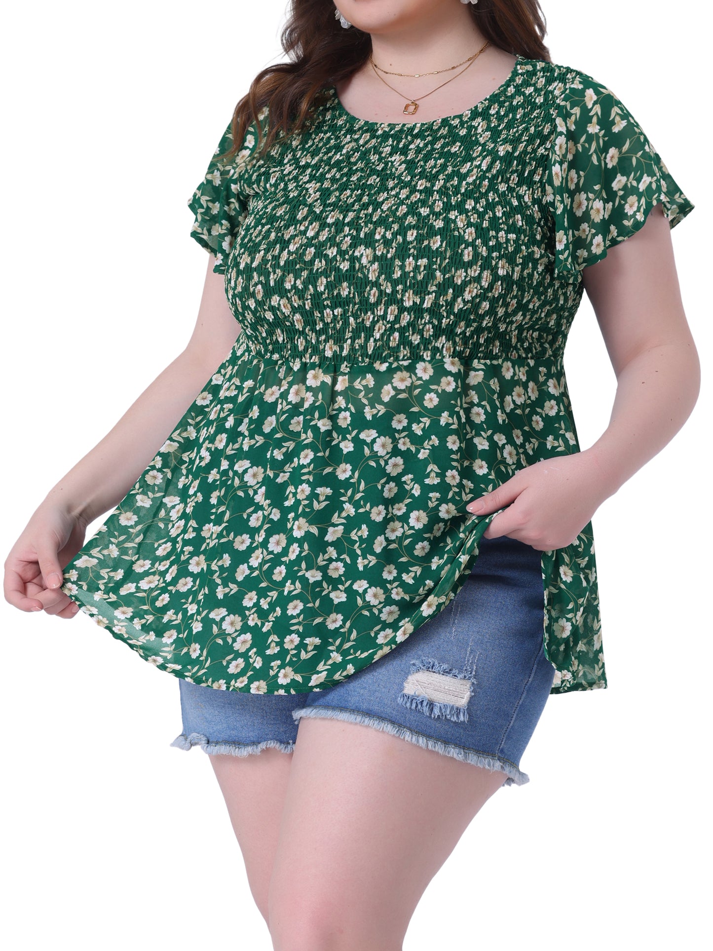 Women Plus Size Chiffon Blouse Summer Flare Short Sleeve Smocked Ditsy Floral Peplum Top