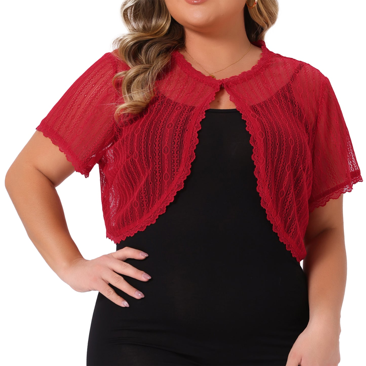 Women Plus Size Shrug Top Elegant Inside Buckle Short Sleeve Sheer Floral Lace Top