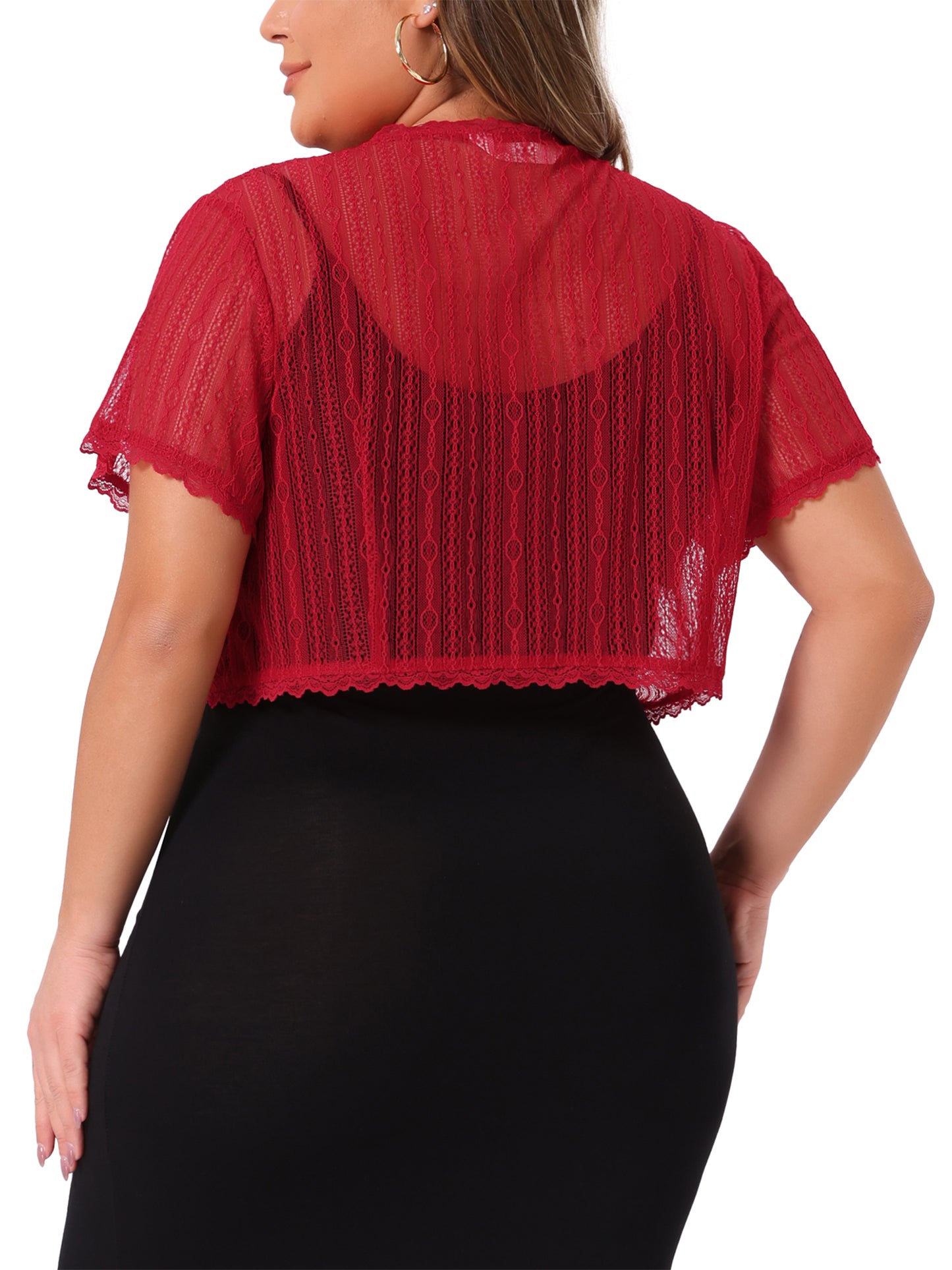 Women Plus Size Shrug Top Elegant Inside Buckle Short Sleeve Sheer Floral Lace Top