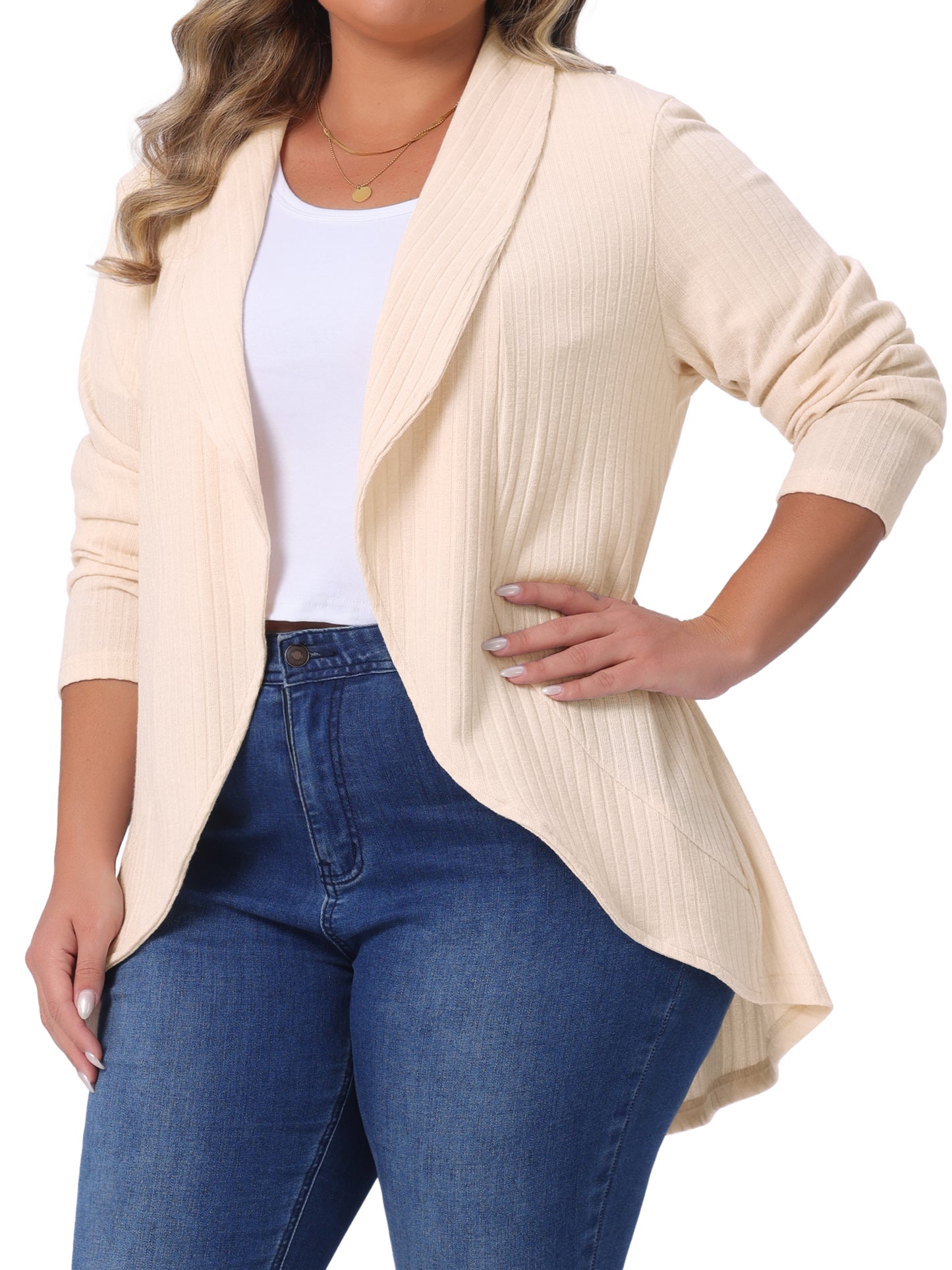 Women Plus Size Sweaters Cardigans Lapel Long Sleeve Open Front Irregular Hem Knit Cardigan