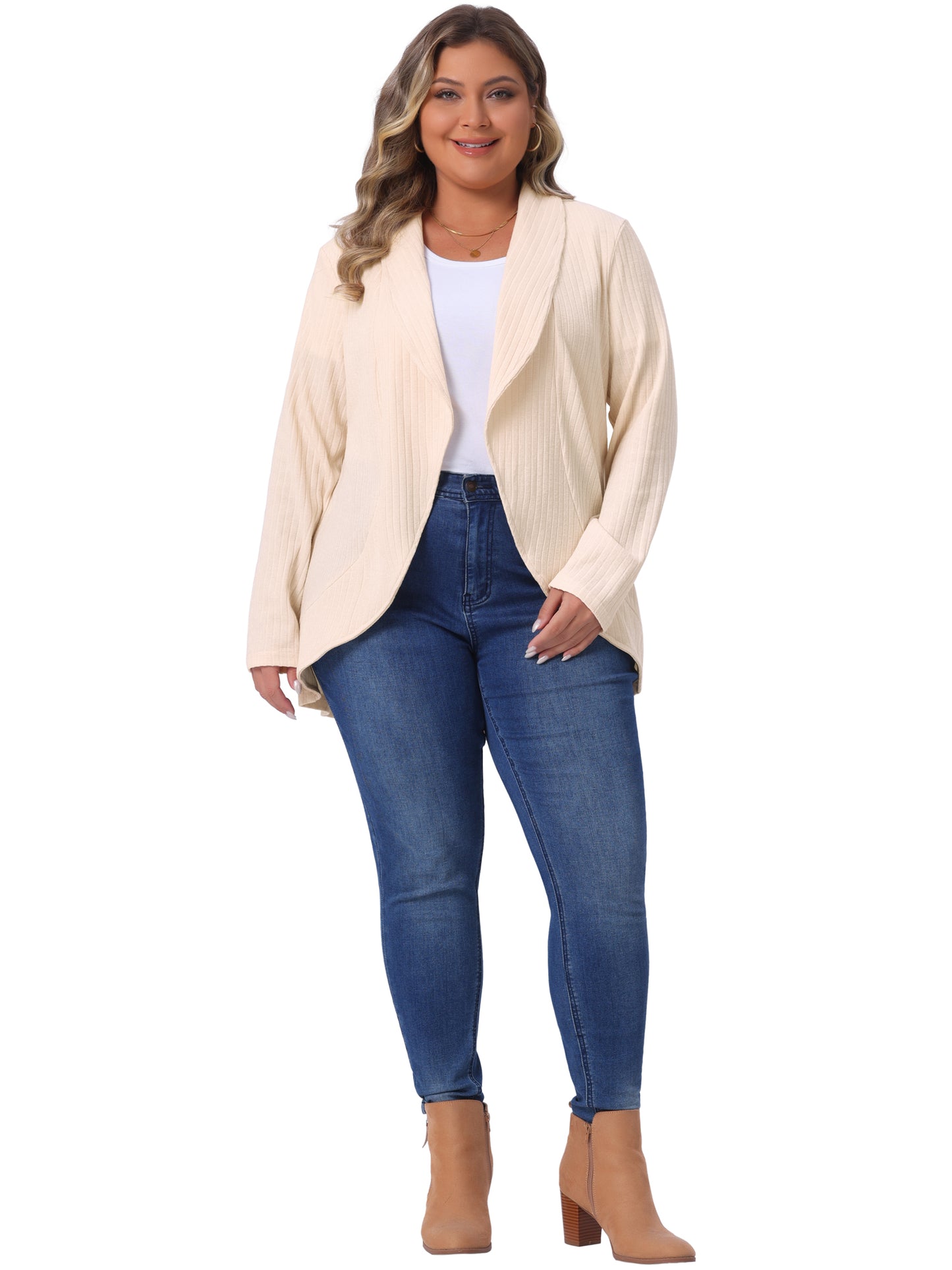 Women Plus Size Sweaters Cardigans Lapel Long Sleeve Open Front Irregular Hem Knit Cardigan