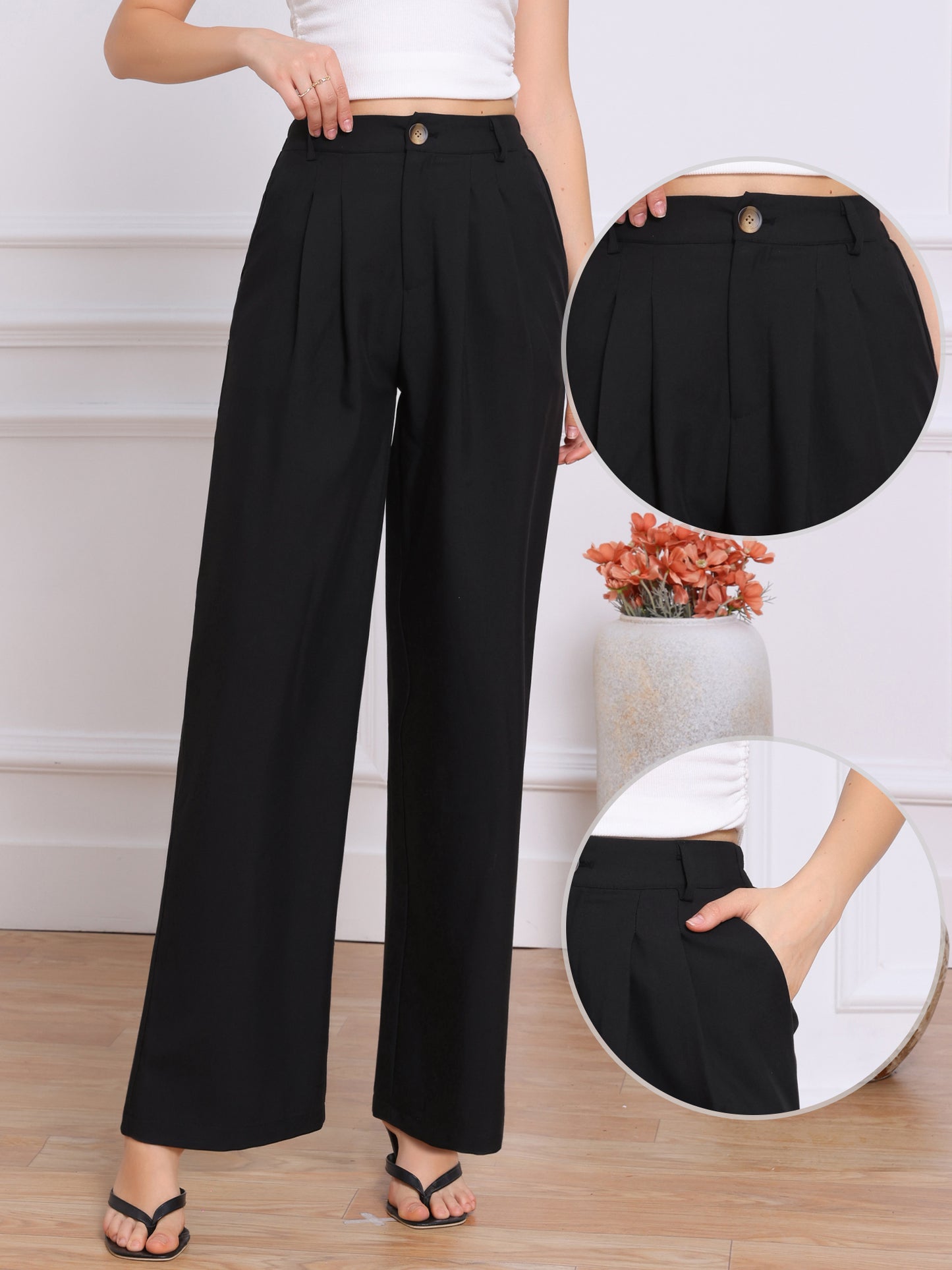 Pantalones de trabajo de oficina con cintura elástica alta para mujer, pantalones de vestir de pierna ancha estilo palazzo