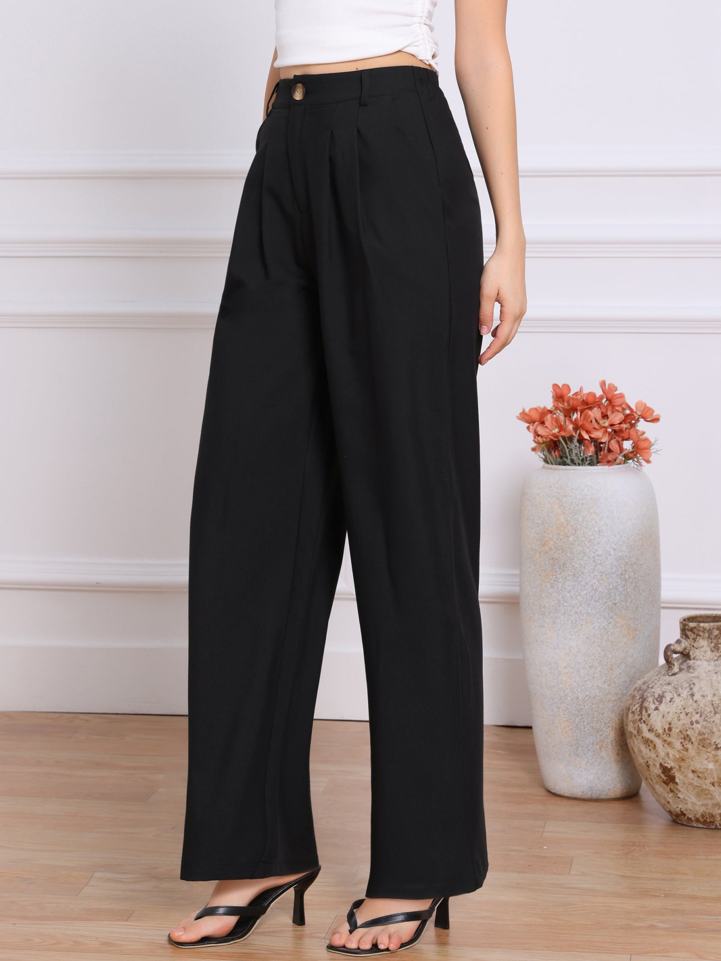 Pantalones de trabajo de oficina con cintura elástica alta para mujer, pantalones de vestir de pierna ancha estilo palazzo