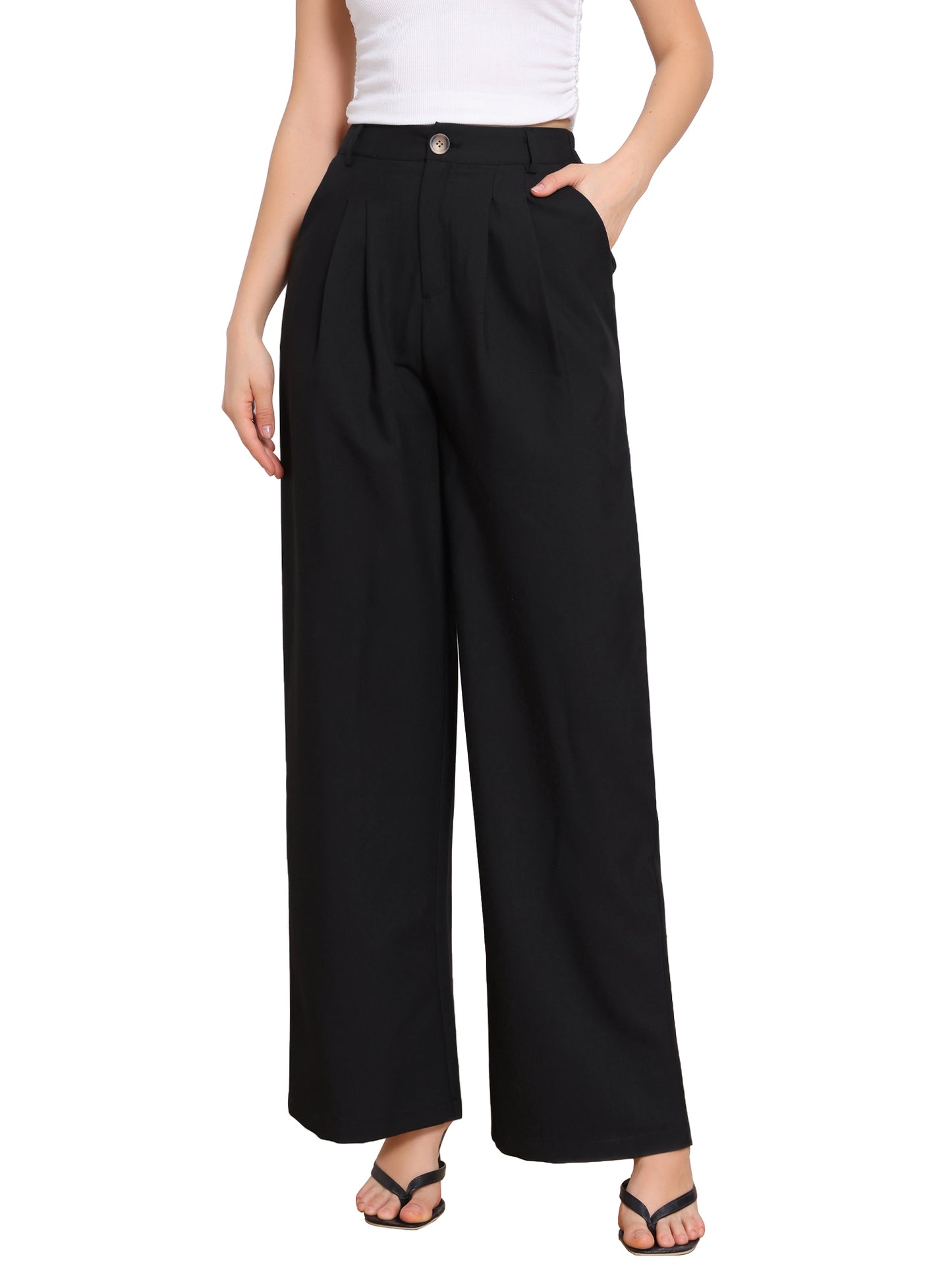 Pantalones de trabajo de oficina con cintura elástica alta para mujer, pantalones de vestir de pierna ancha estilo palazzo