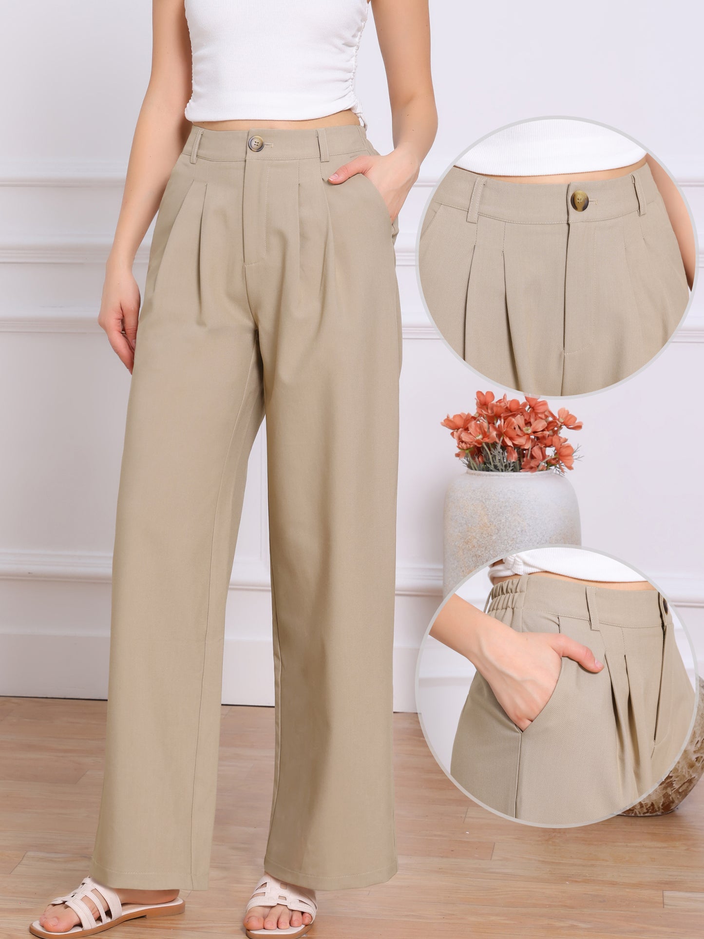 Pantalones de trabajo de oficina con cintura elástica alta para mujer, pantalones de vestir de pierna ancha estilo palazzo