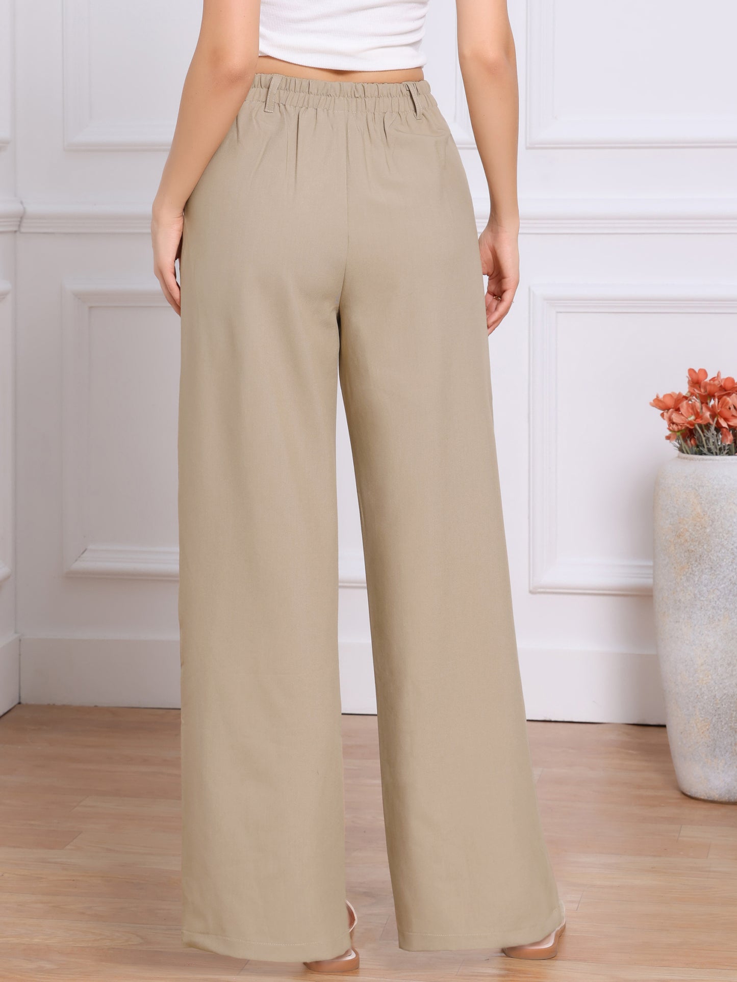 Pantalones de trabajo de oficina con cintura elástica alta para mujer, pantalones de vestir de pierna ancha estilo palazzo