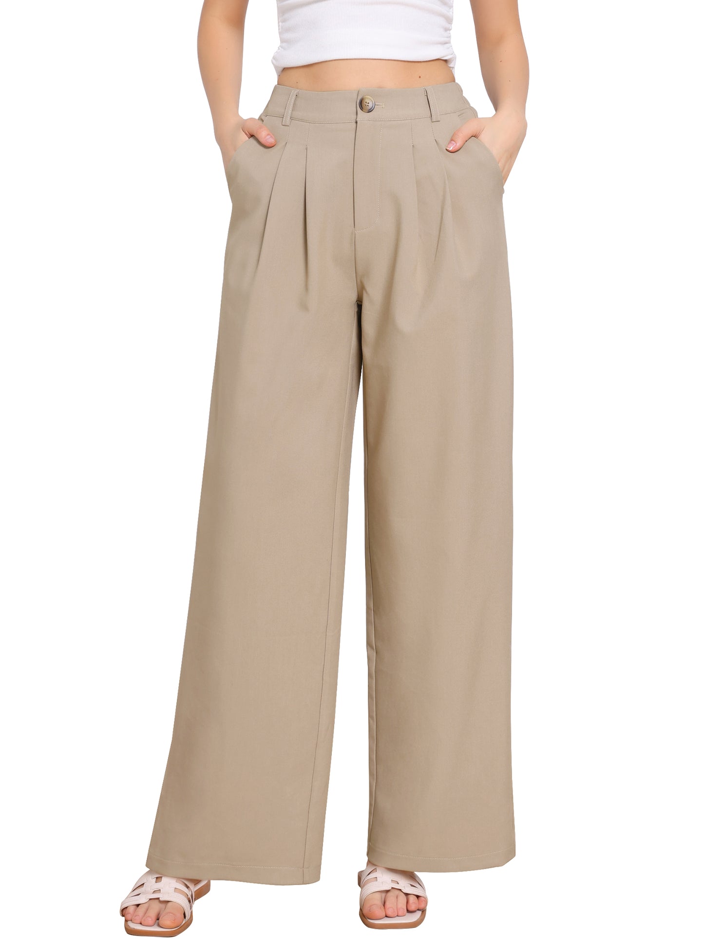 Pantalones de trabajo de oficina con cintura elástica alta para mujer, pantalones de vestir de pierna ancha estilo palazzo