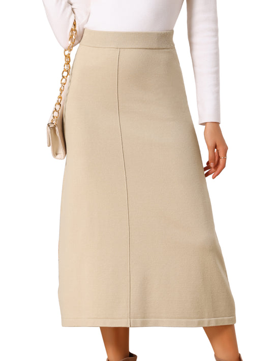 Women's Elastic High Waist Stretchy Ribbed Knit A-Line Midi Skirt