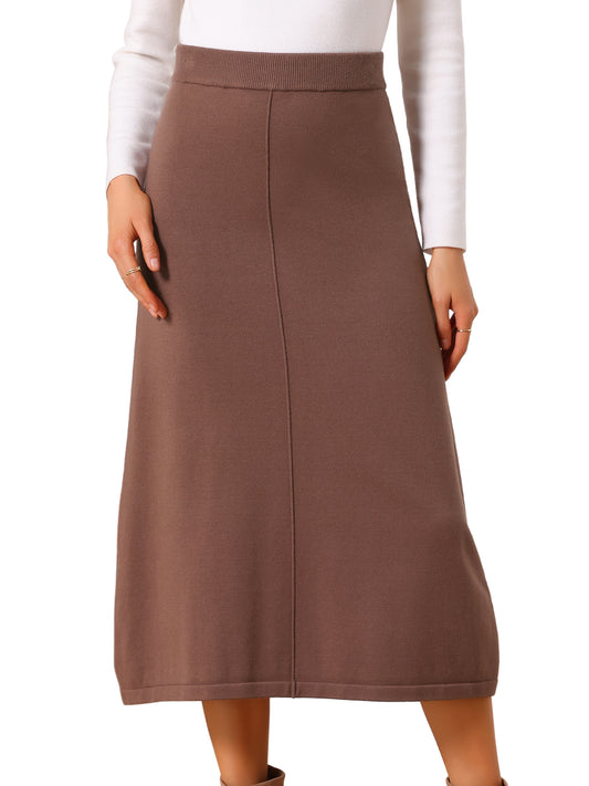 Women's Elastic High Waist Stretchy Ribbed Knit A-Line Midi Skirt