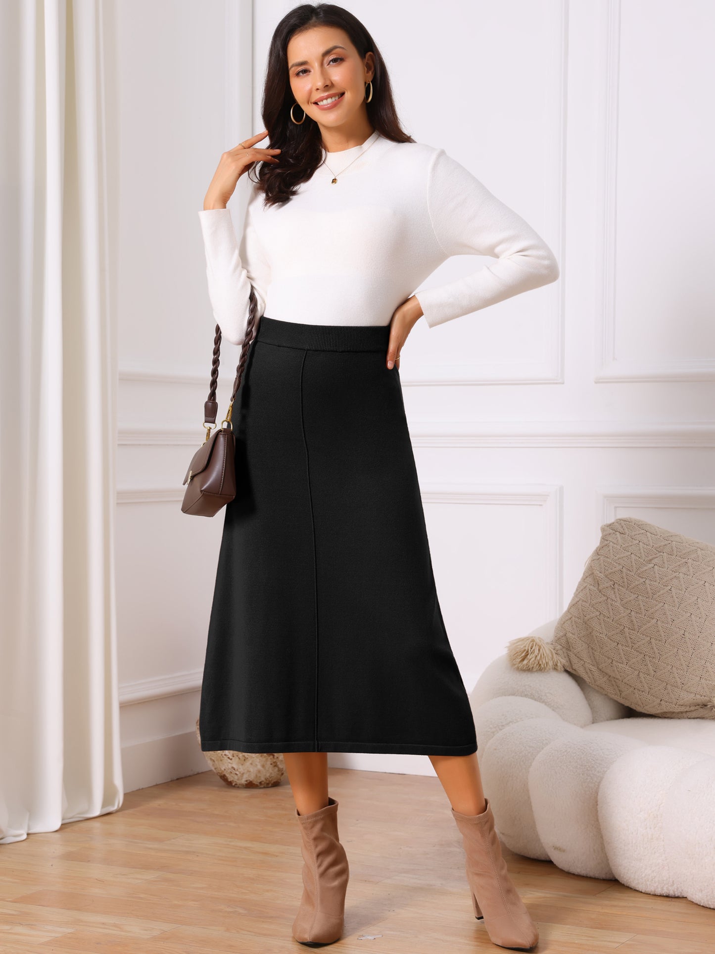 Women's Elastic High Waist Stretchy Ribbed Knit A-Line Midi Skirt