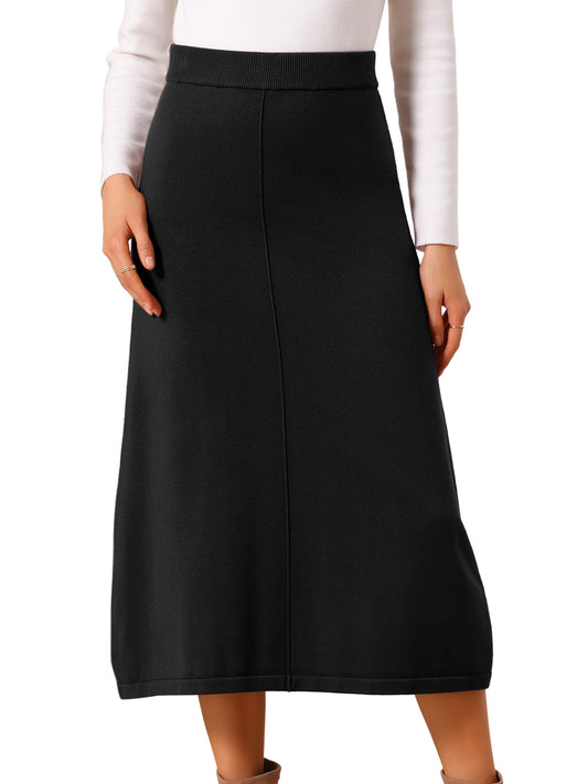 Women's Elastic High Waist Stretchy Ribbed Knit A-Line Midi Skirt