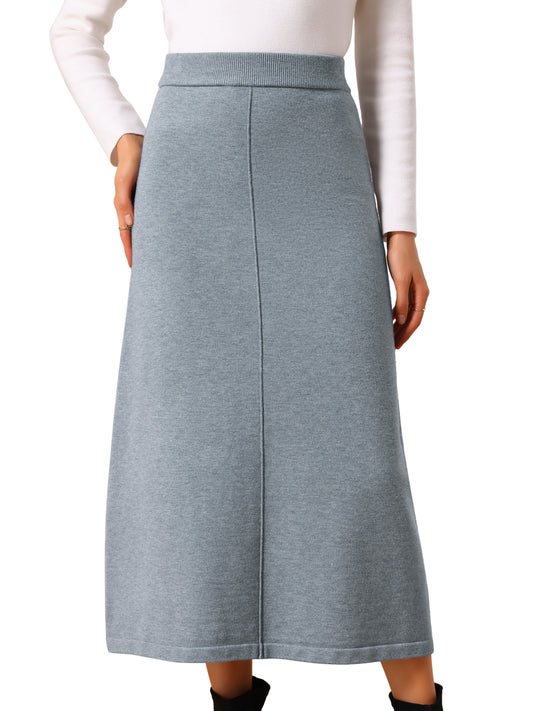 Women's Elastic High Waist Stretchy Ribbed Knit A-Line Midi Skirt