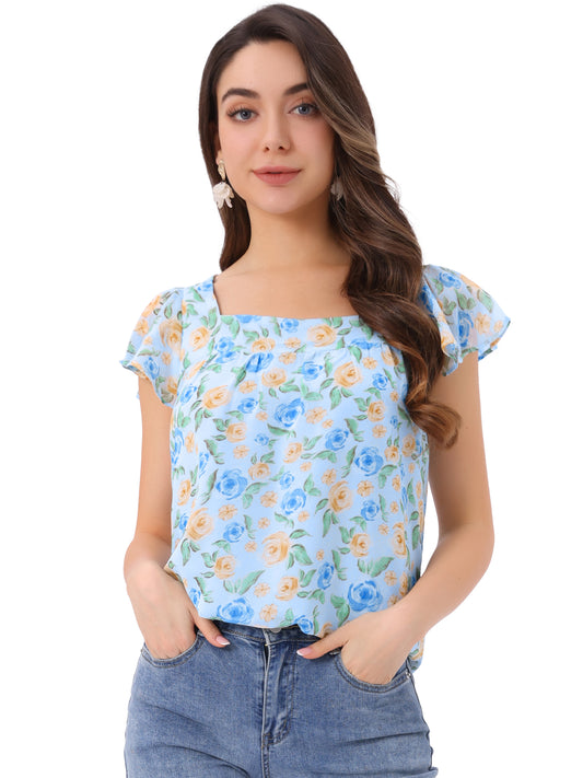 Blusa floral de verano para mujer, informal, de gasa, con cuello cuadrado y manga corta con volantes