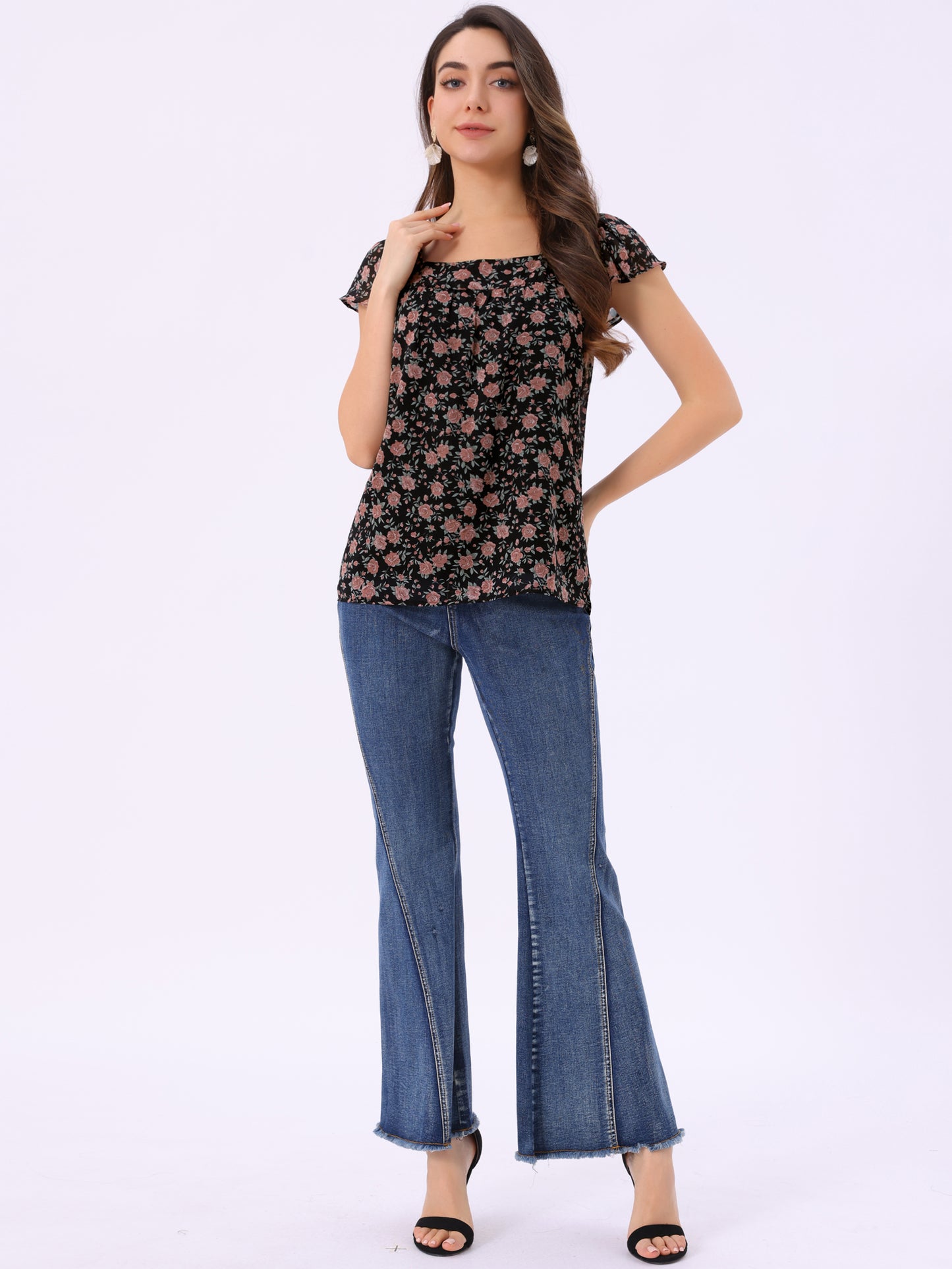 Women's Floral Blouse Summer Casual Square Neck Chiffon Short Sleeve Ruffle Top