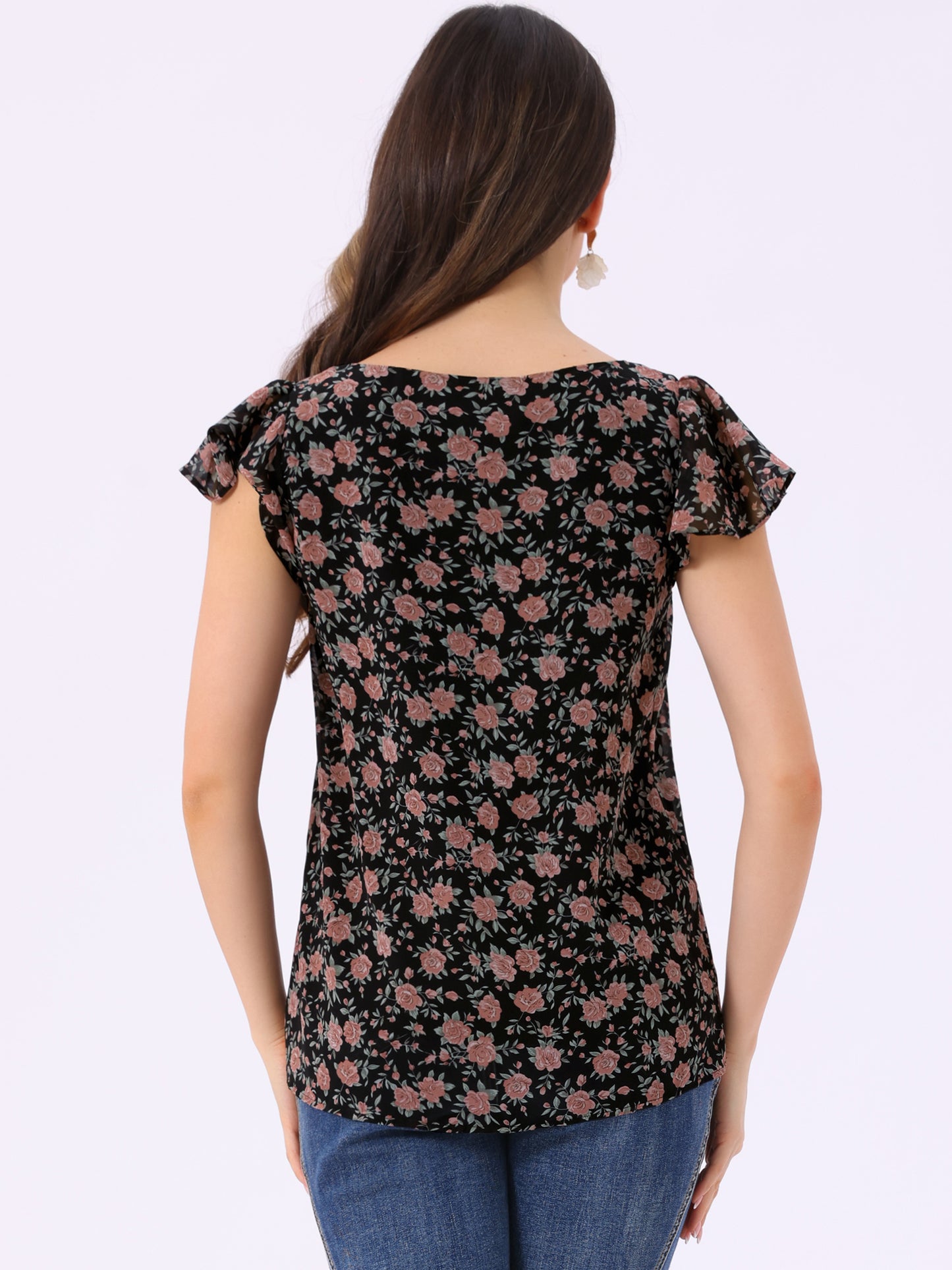 Women's Floral Blouse Summer Casual Square Neck Chiffon Short Sleeve Ruffle Top