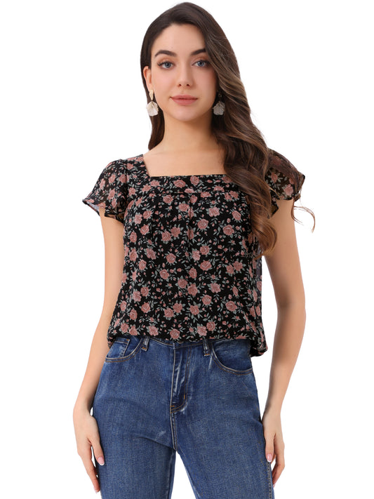 Women's Floral Blouse Summer Casual Square Neck Chiffon Short Sleeve Ruffle Top