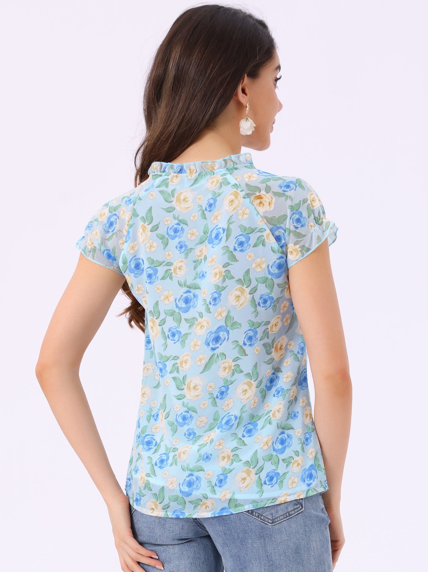 Women's Floral Summer V Neck Short Cap Sleeve Ruffle Chiffon Blouse