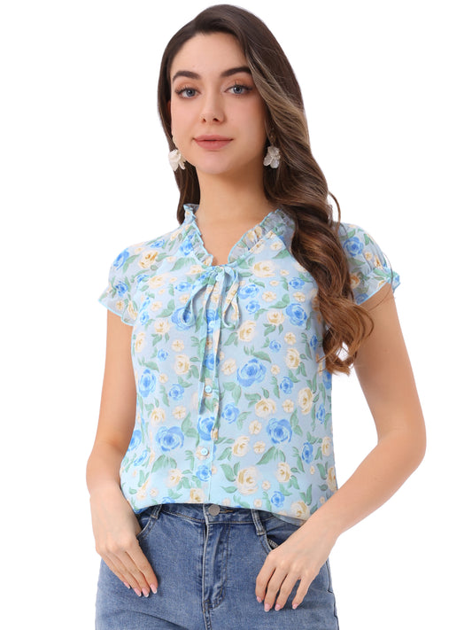 Women's Floral Summer V Neck Short Cap Sleeve Ruffle Chiffon Blouse