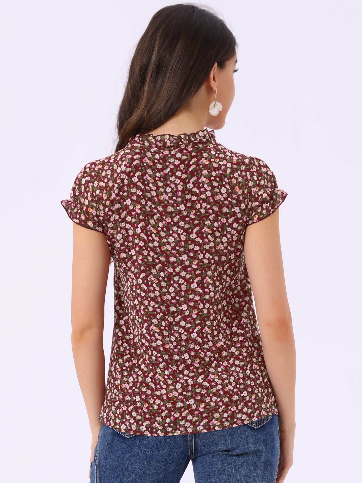Women's Floral Summer V Neck Short Cap Sleeve Ruffle Chiffon Blouse