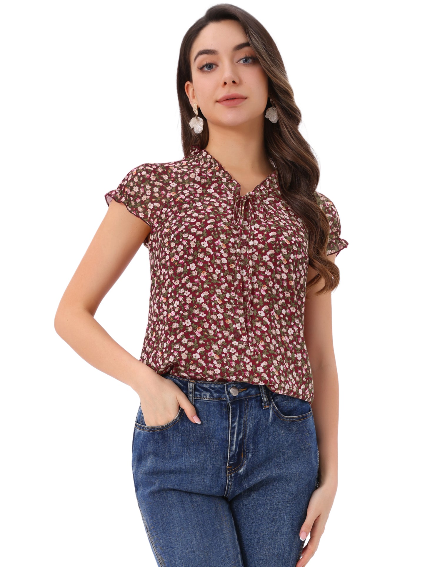 Women's Floral Summer V Neck Short Cap Sleeve Ruffle Chiffon Blouse