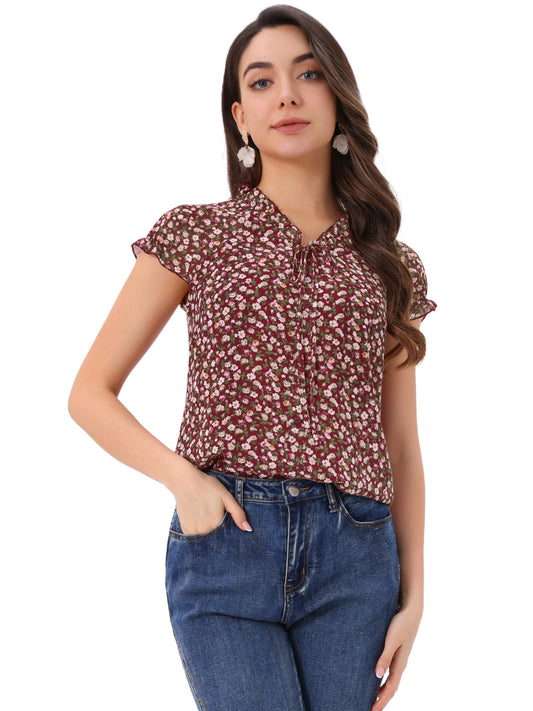 Women's Floral Summer V Neck Short Cap Sleeve Ruffle Chiffon Blouse