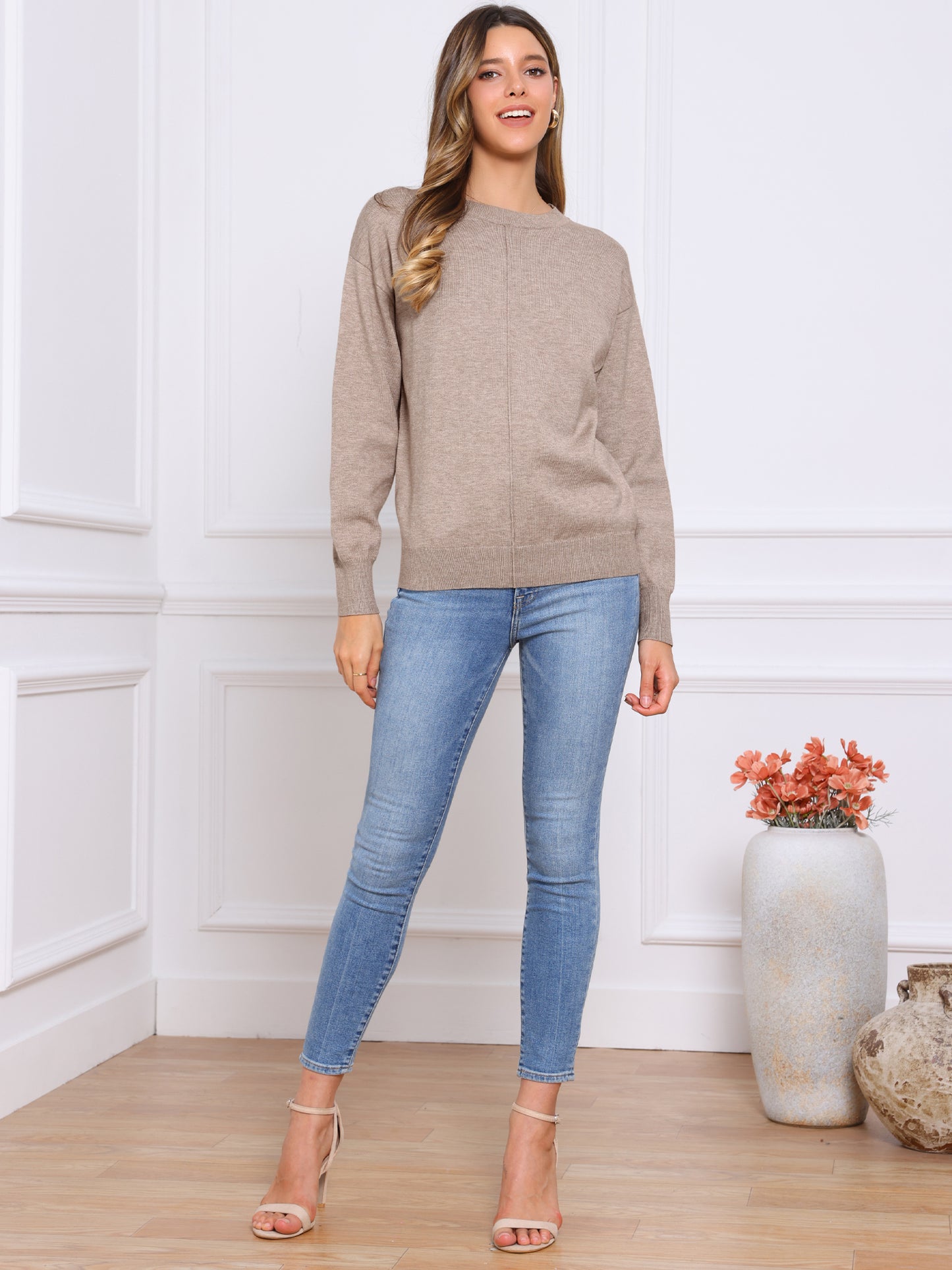 Women's Long Sleeve Classic Fall Basic Pullover Sweaters Crew Neck Knit Top