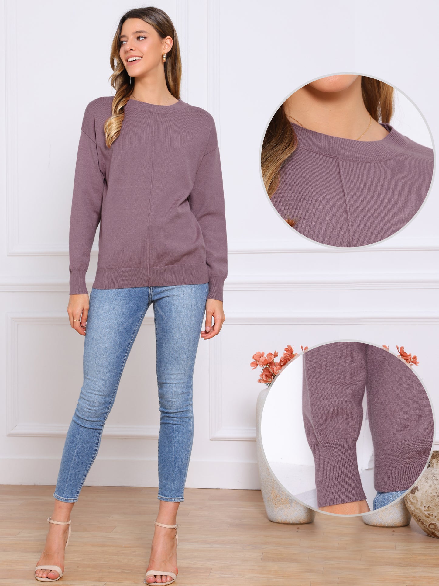 Women's Long Sleeve Classic Fall Basic Pullover Sweaters Crew Neck Knit Top