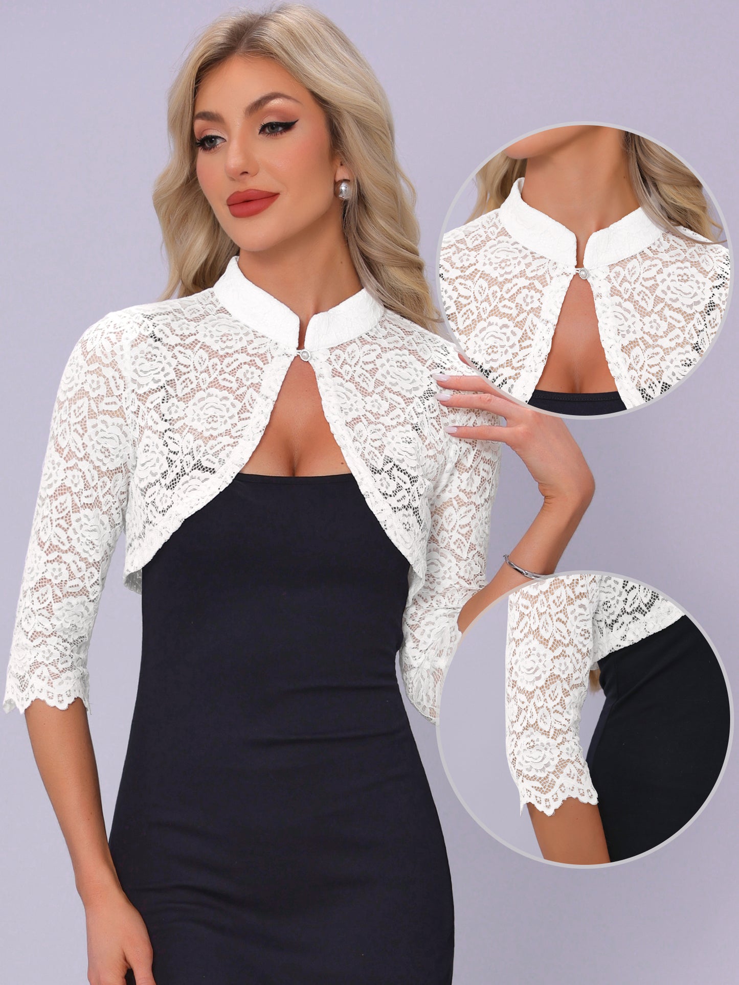 Women 3/4 Sleeve Sheer Floral Lace Cardigan Top Elegant Lace Bolero Shrug