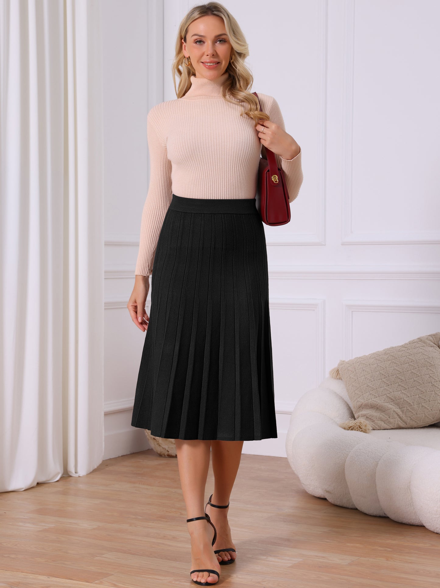 Women's Knit Pleated High Waist Stretchy A Line Midi Sweater Skirt