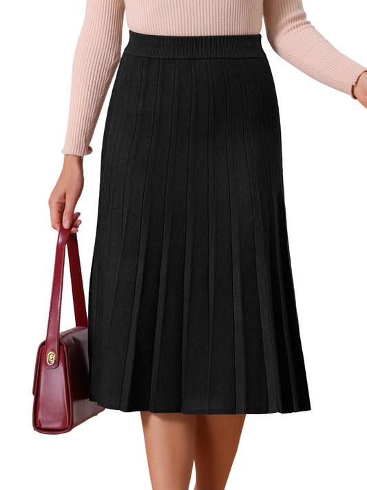 Women's Knit Pleated High Waist Stretchy A Line Midi Sweater Skirt