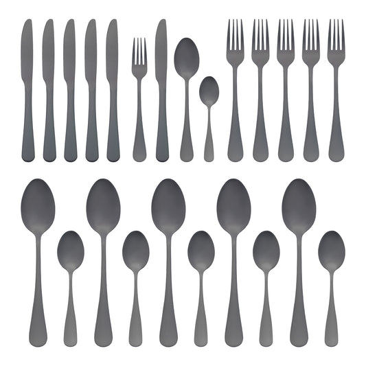 Juego de cubiertos de acero inoxidable de 24 piezas con cucharas y tenedores.