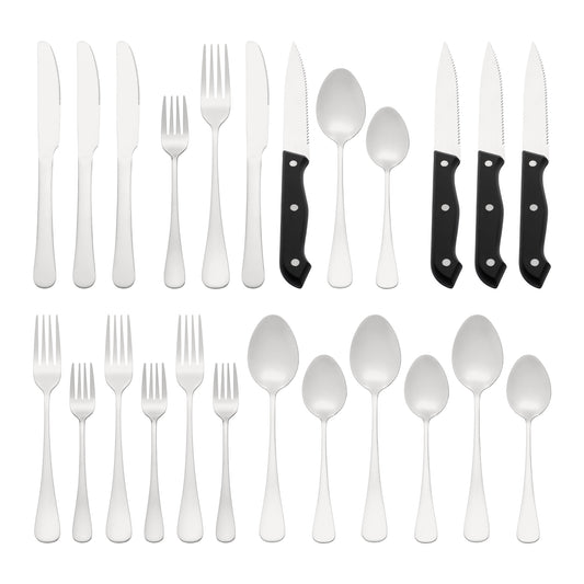 Juego de cubiertos de acero inoxidable de 24 piezas con cuchillo y utensilio para servir, color plateado pulido.