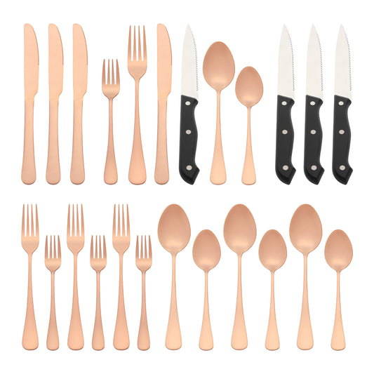 Juego de cubiertos de acero inoxidable de 24 piezas con cuchillo y utensilio para servir, color plateado pulido.