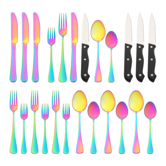 Juego de cubiertos de acero inoxidable de 24 piezas con cuchillo y utensilio para servir, color plateado pulido.