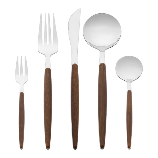 Juego de cubiertos de 5 piezas de acero inoxidable con cuchillos, cucharas y tenedores.
