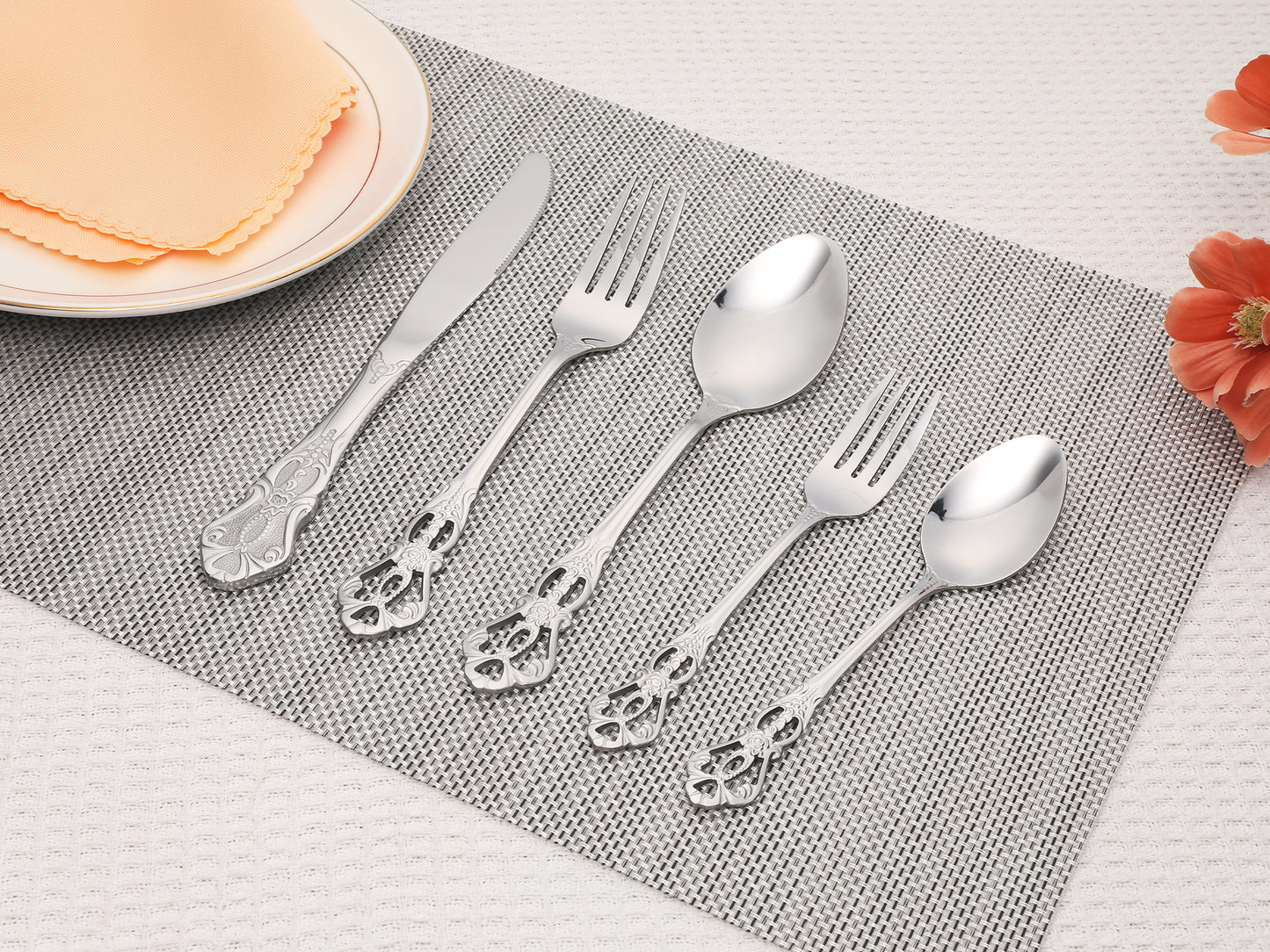 20 Pieces Silverware Set, Stainless Steel Floral Flatware, Modern Cutlery Set