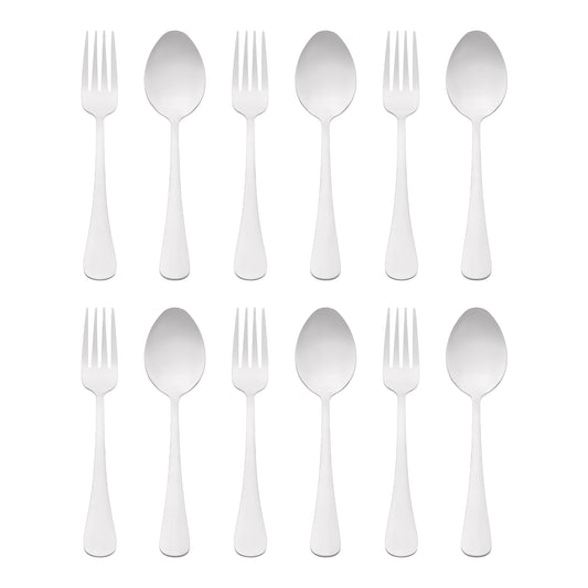 Juego de cubiertos de acero inoxidable de 12 piezas con cucharas y tenedores.