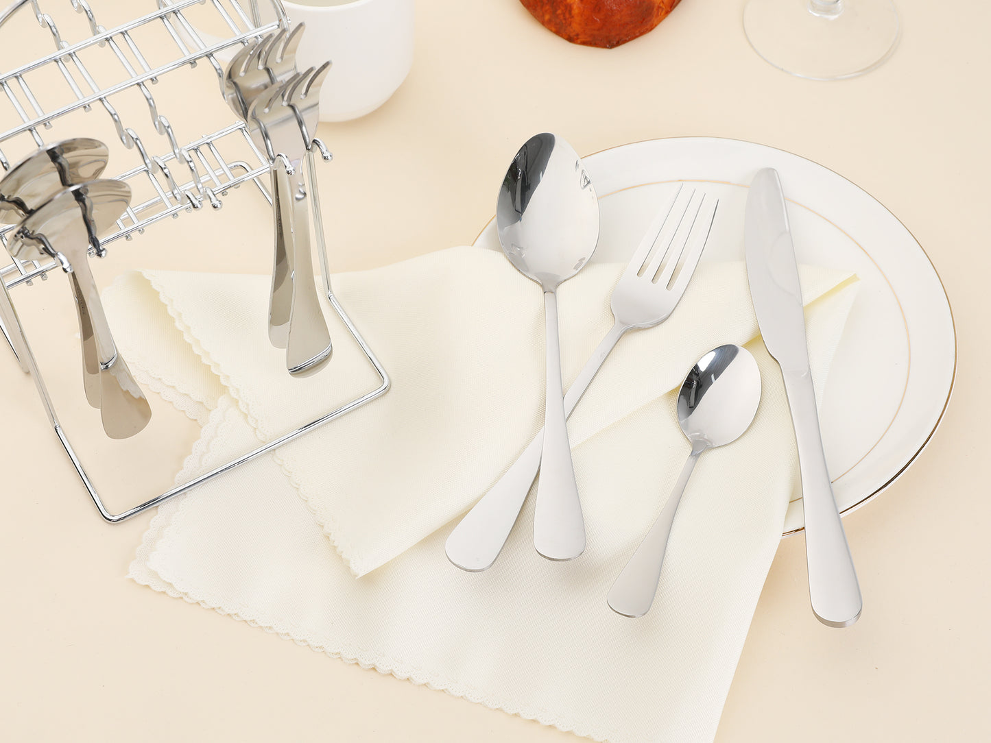 24 Pieces Silverware Set, Stainless Steel Flatware Set with Supporting Shelf