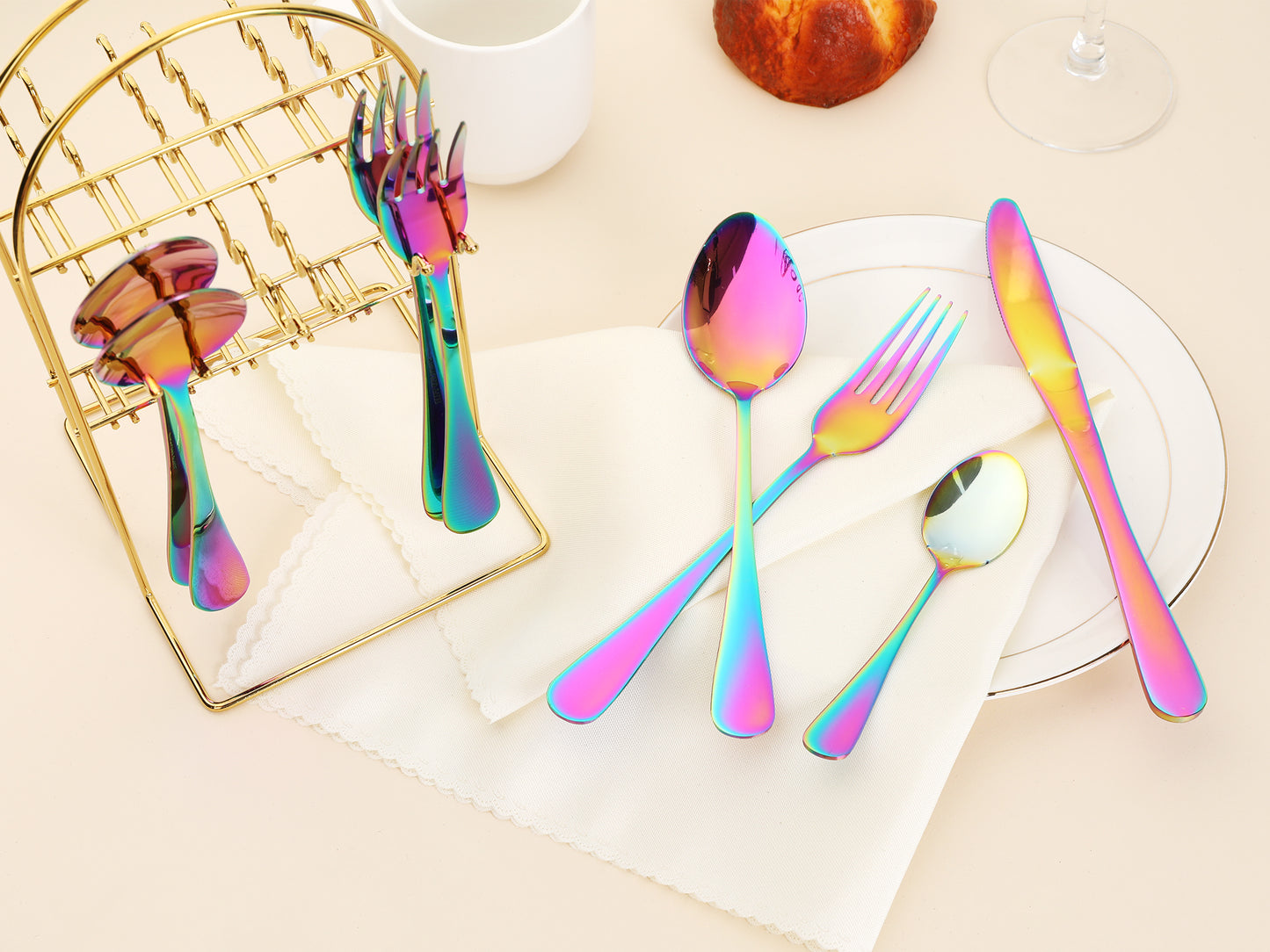 24 Pieces Silverware Set, Stainless Steel Flatware Set with Supporting Shelf