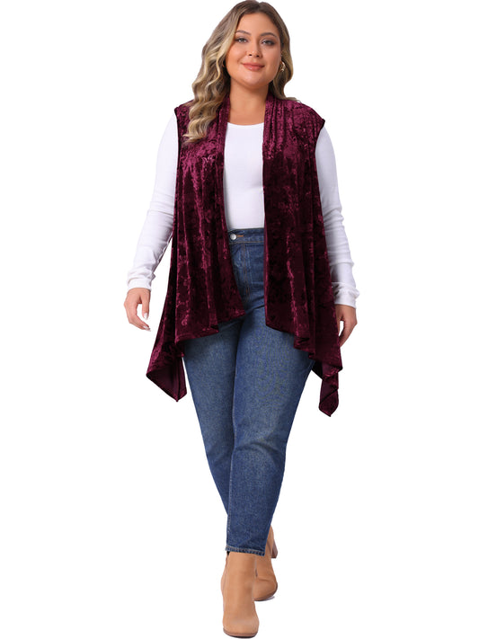 Women Plus Size Cardigan Vest Velvet Sleeveless High Low Hem Open Front Cardigan