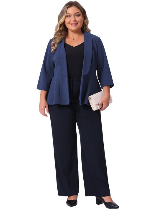 Womens Plus Size Open Front 3/4 Sleeve Peplum Blazer Lapel Work Office Suit Jacket