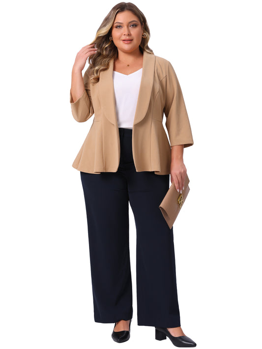 Chaqueta de traje de oficina con solapa y manga 3/4 abierta para mujer, talla grande