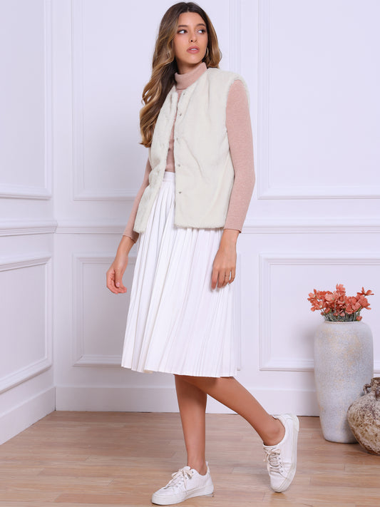 Women's Button Down Sleeveless Open Front Winter Faux Fur Vest