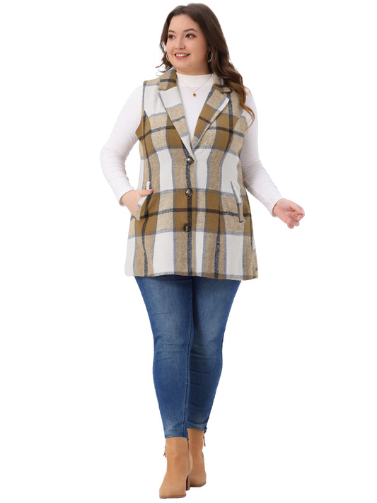 Women Plus Size Plaid Vest Notched Lapel Checkered Sleeveless Long Vest Casual Jacket Outerwear