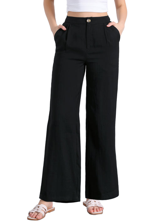 Pantalones casuales de pierna ancha para mujer, cintura alta elástica, un botón, ligeros, con bolsillos