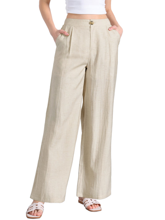 Pantalones casuales de pierna ancha para mujer, cintura alta elástica, un botón, ligeros, con bolsillos