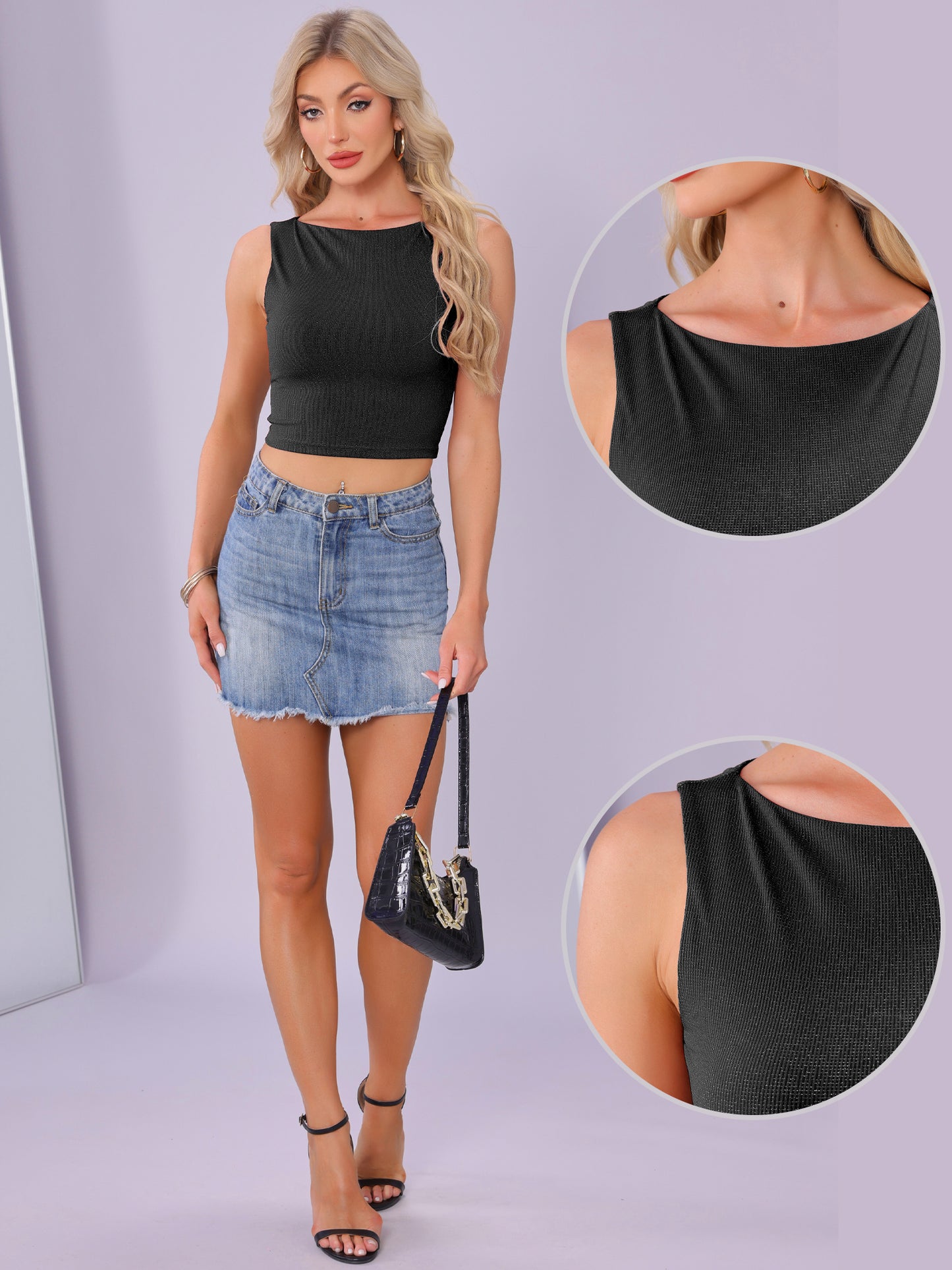 Women's Crew Neck Tops Tweed Sleeveless Office Work Tank Top